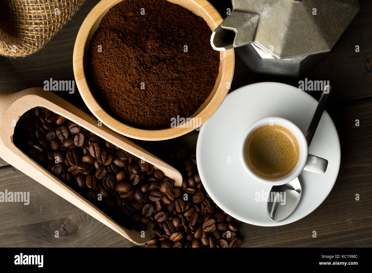 Coffee beans, ground coffee powder and 