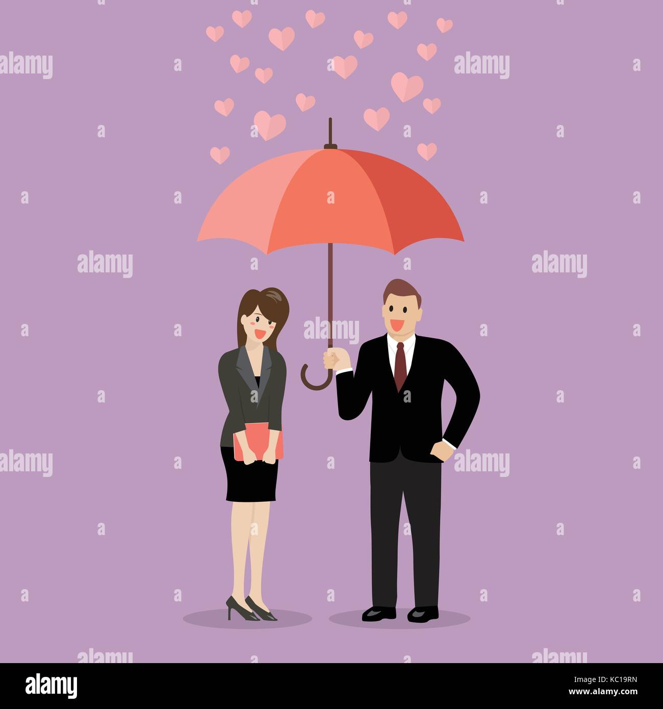 Businessman flirt with a woman under an umbrella. Vector illustration Stock Vector