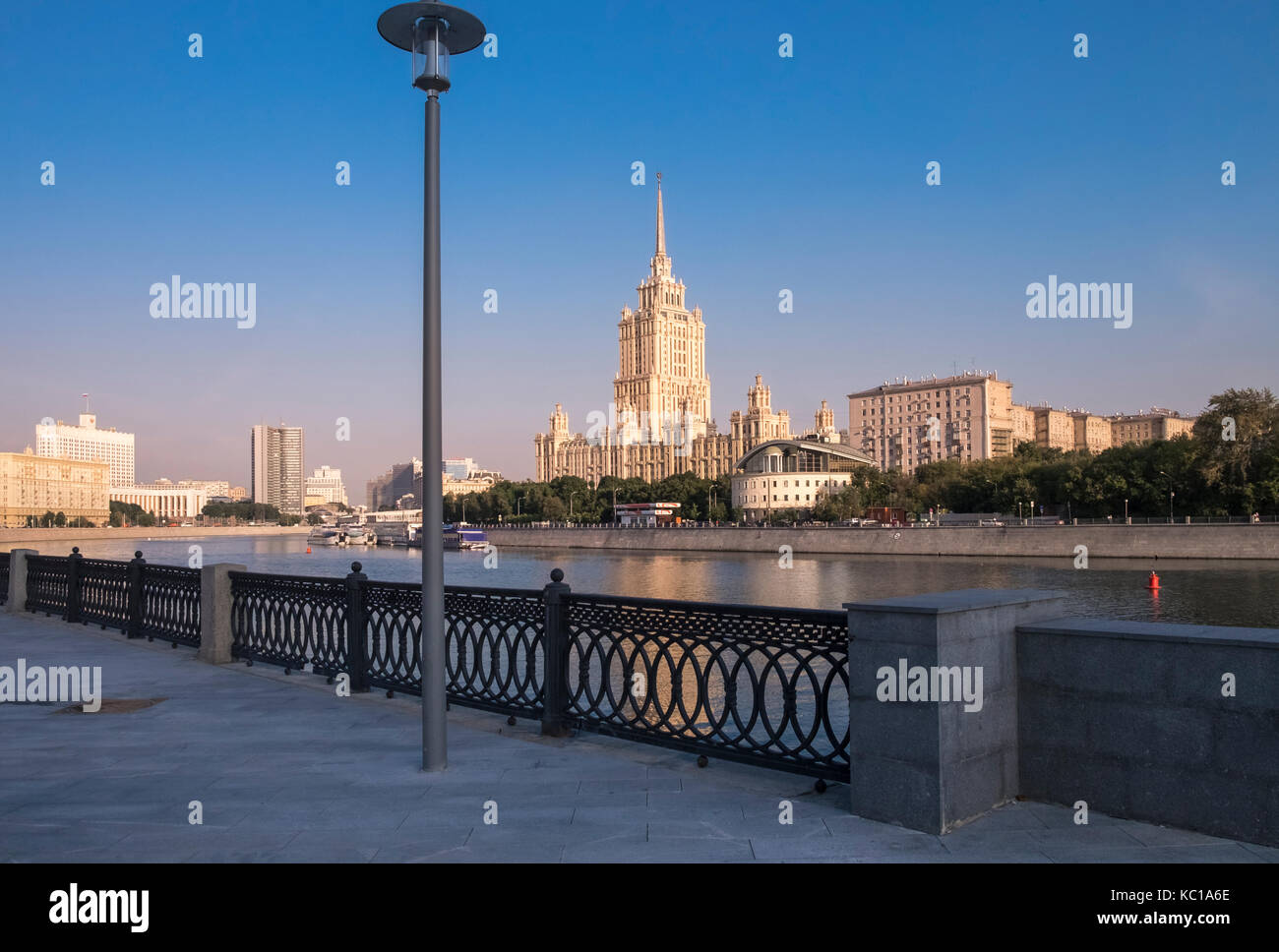 View along the Moskva River, Moscow, Russia, including the landmark 5 star Radisson Royal Hotel. Stock Photo