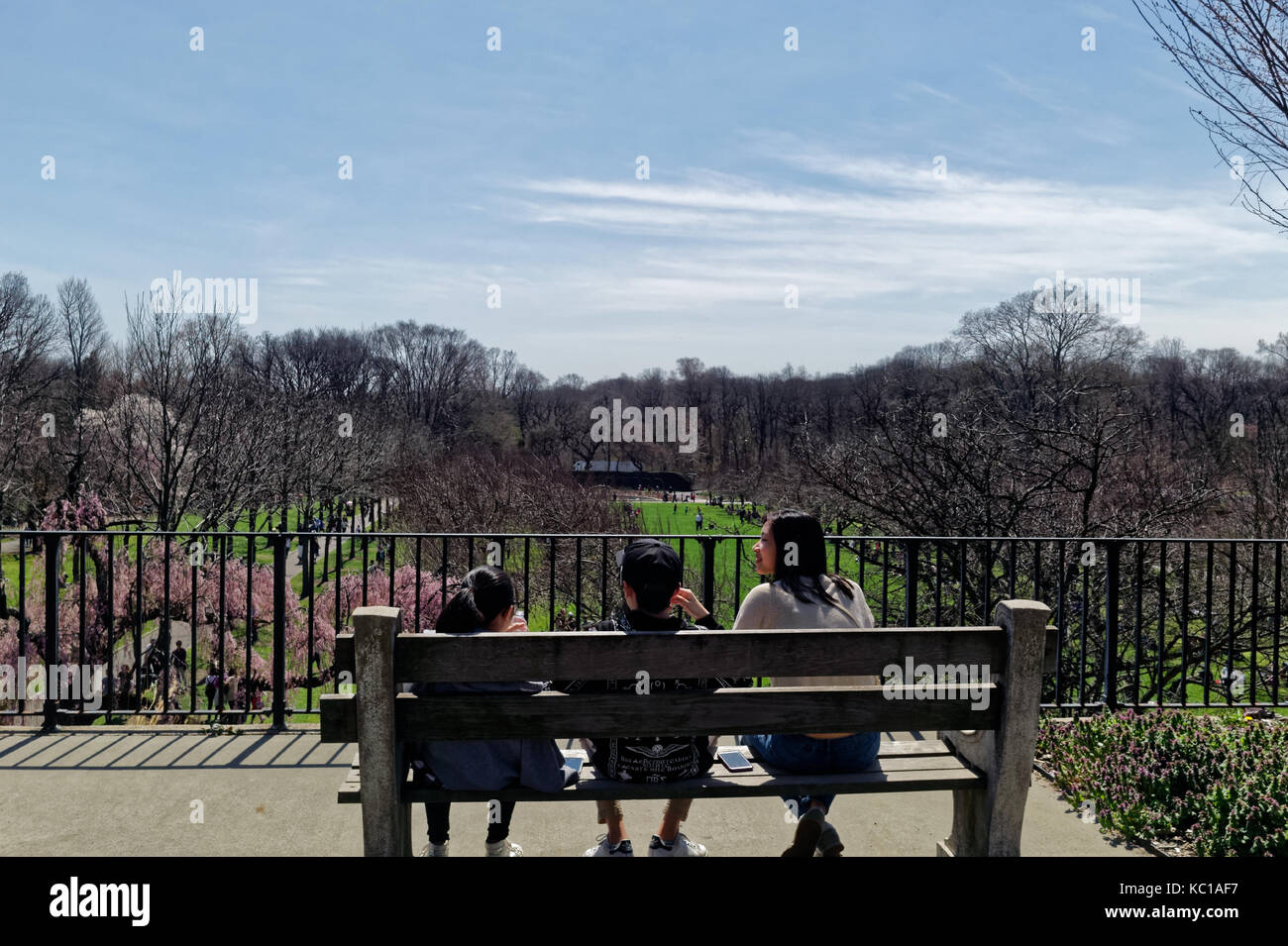 Family sitting on a viewing bench at the Brooklyn Botanic Gardens in Springtime. Stock Photo