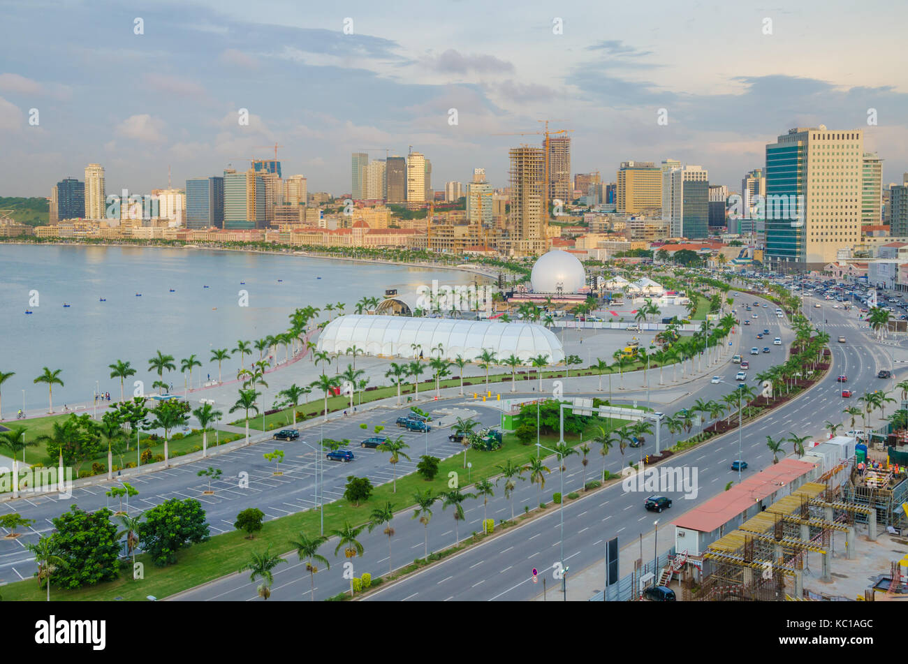 View over the skyline of Luanda with constructions cranes, highway and the Luandan bay, Angola, Southern Africa Stock Photo