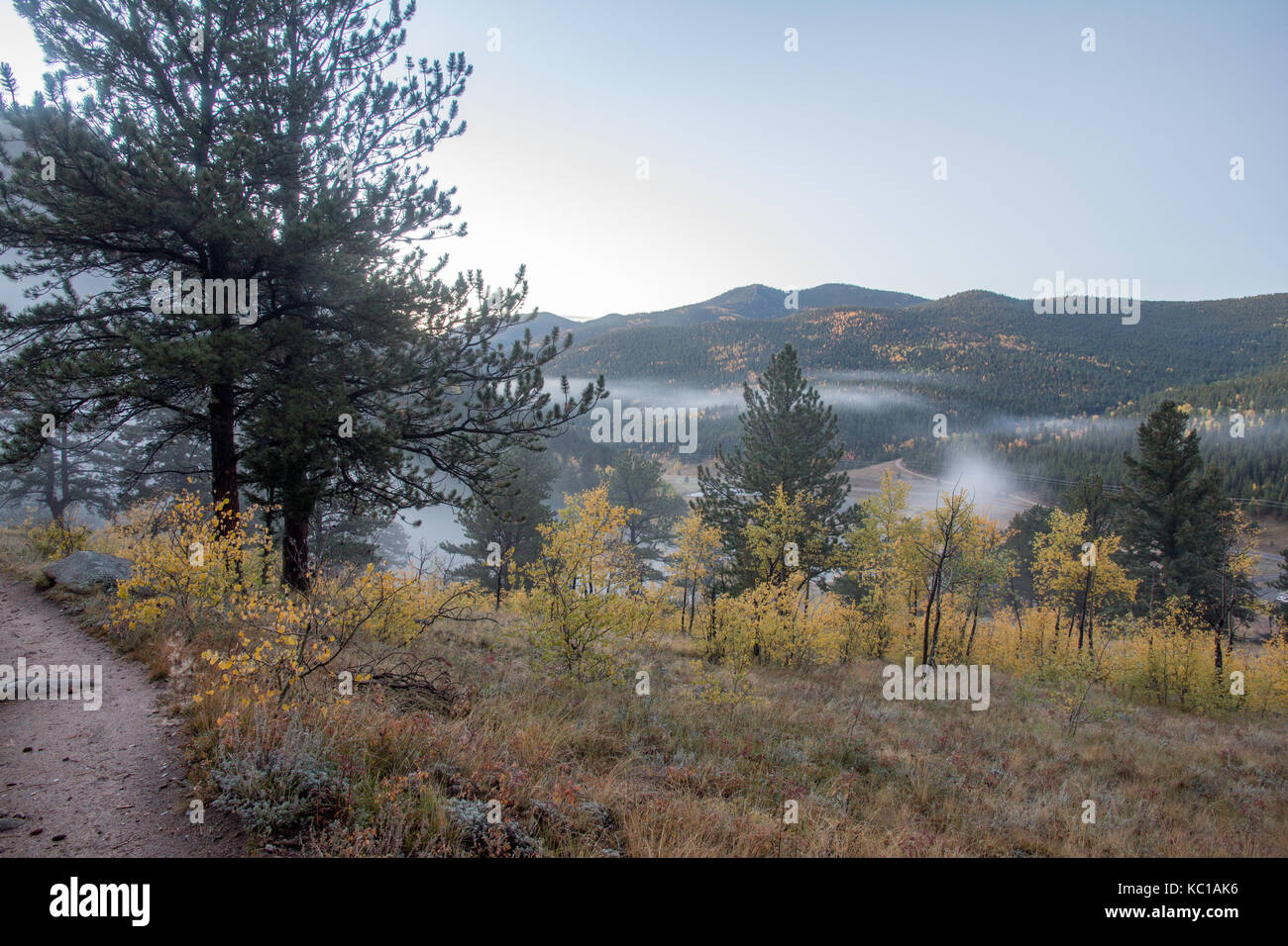Morning fog and fall colors in Golden Gate Canyon State Park, Colorado USA. Stock Photo