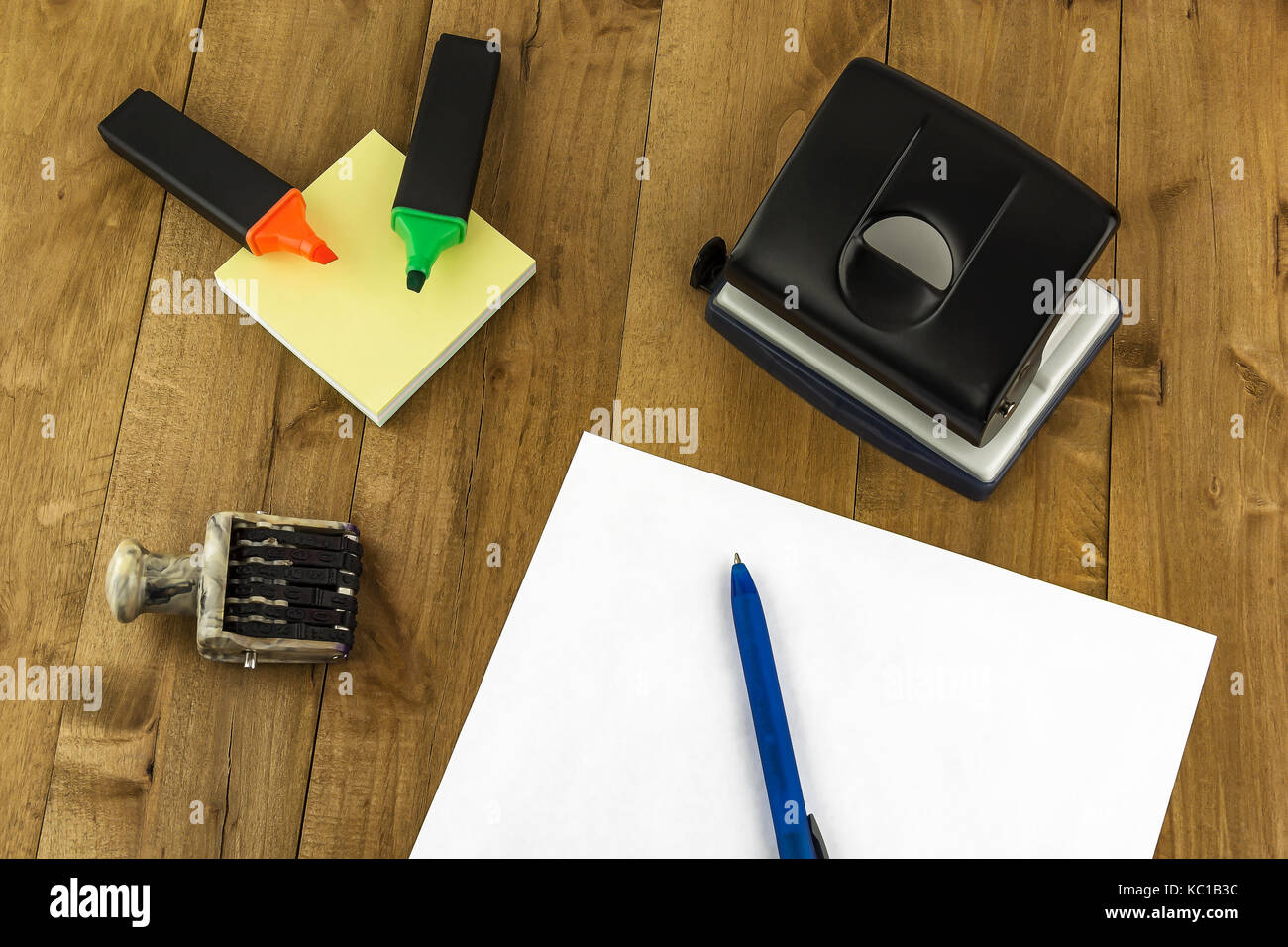 A variety of stationery are on the table Stock Photo