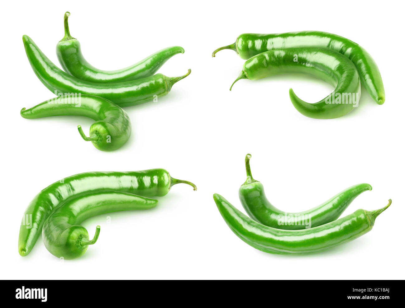Isolated peppers. Collection of hot green peppers isolated on white background with clipping path Stock Photo