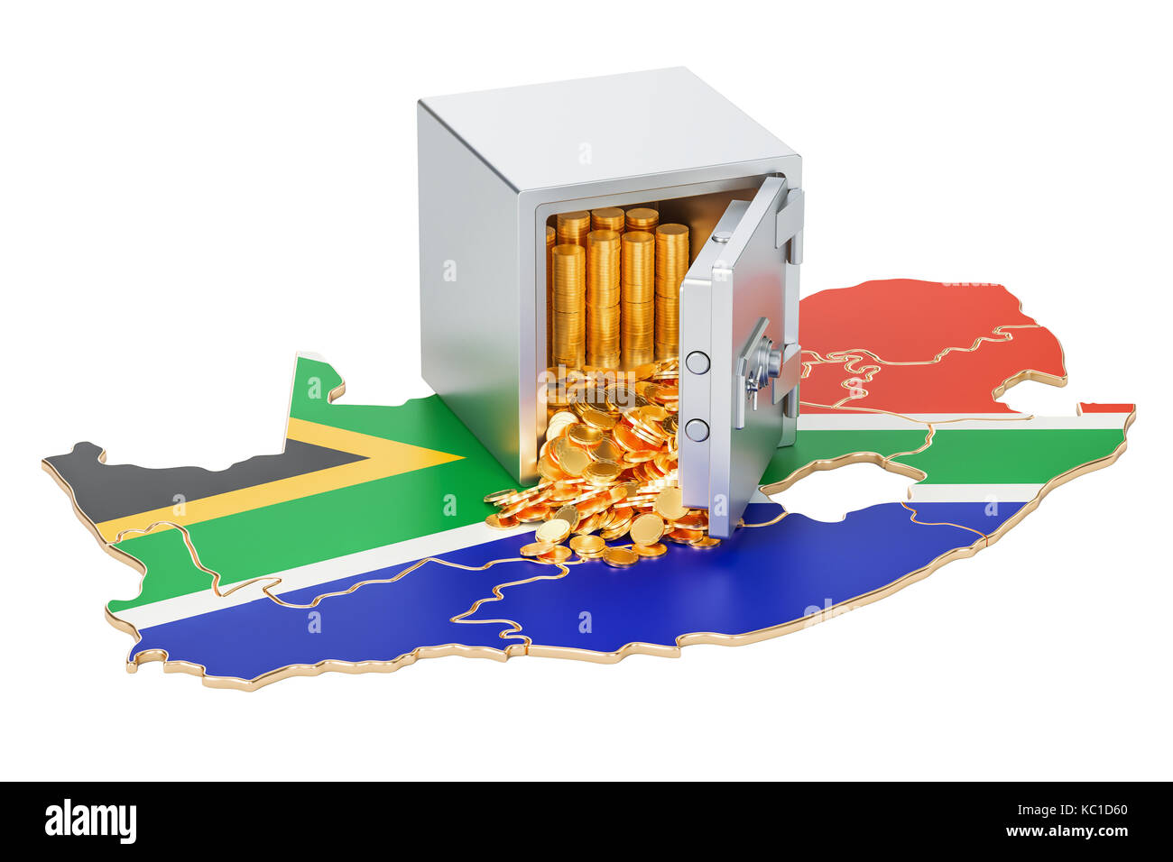 Safe box with golden coins on the map of South Africa, 3D rendering ...