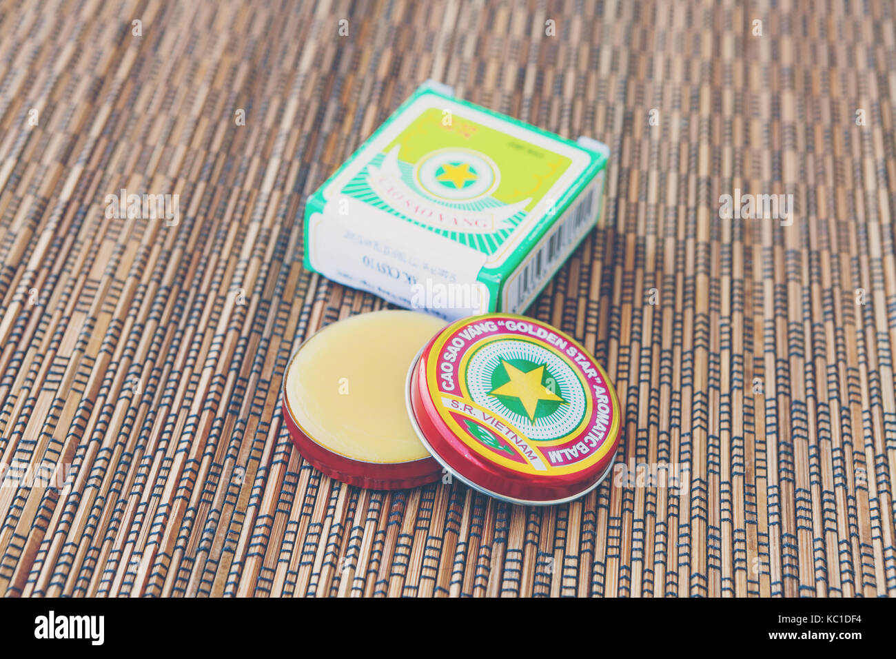 Vietnamese traditional golden star balm 'Cao Sao Vang' Stock Photo