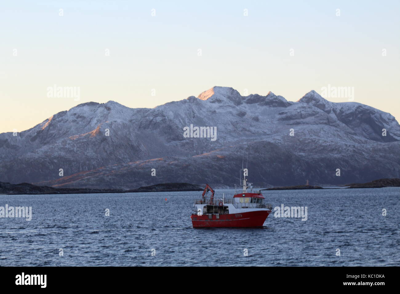 Whale watching boat in fjord by tromso norway Stock Photo