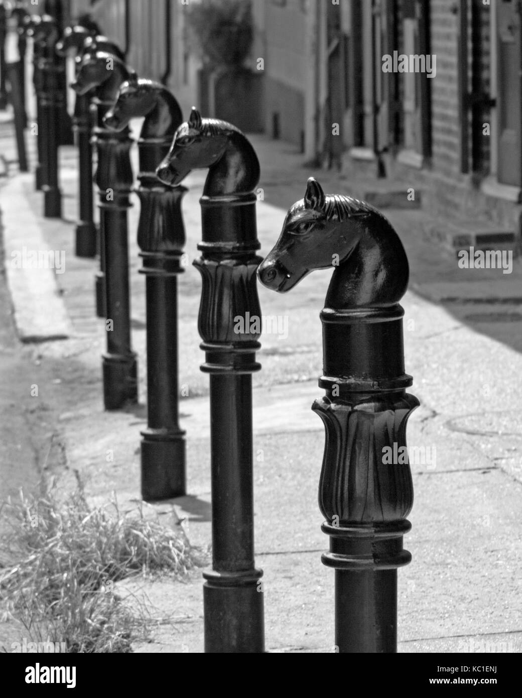 Iron horse head hitching posts in the French Quarter, New Orleans, Louisiana. Stock Photo
