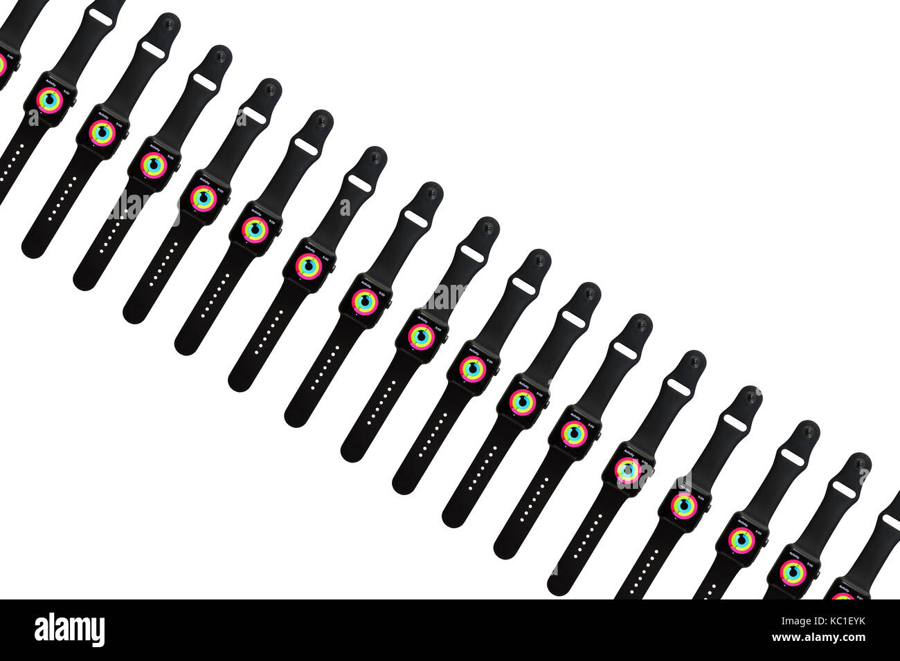 Apple Watch Series 2 (38mm with Space Gray Aluminum with Black Sport Band) showing the colorful rings of the Activity fitness tracker app. Stock Photo