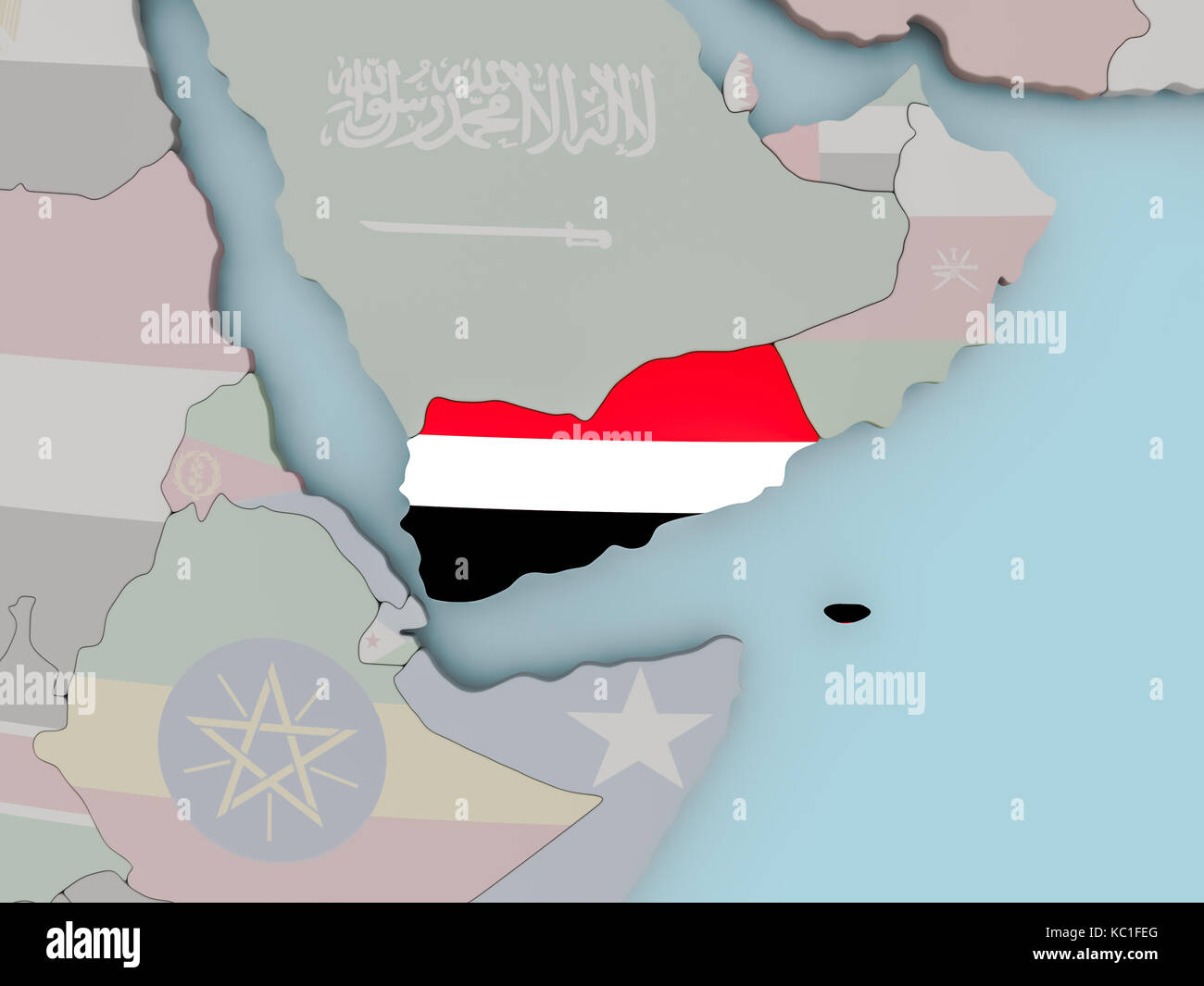 Yemen with national flag on political globe. 3D illustration Stock ...
