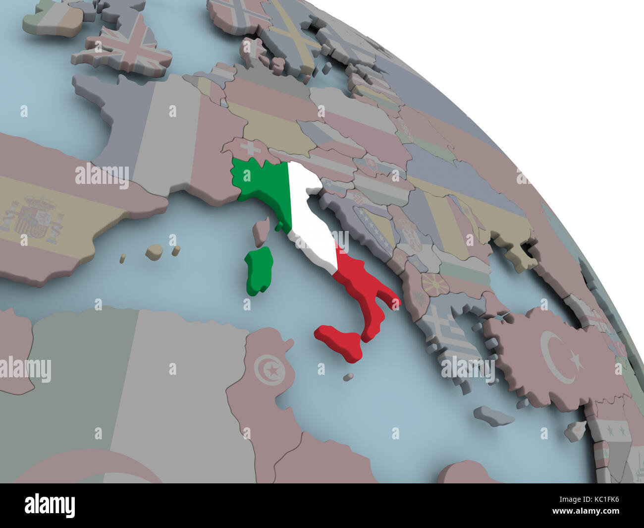 Illustration of Italy on political globe with embedded flags. 3D ...
