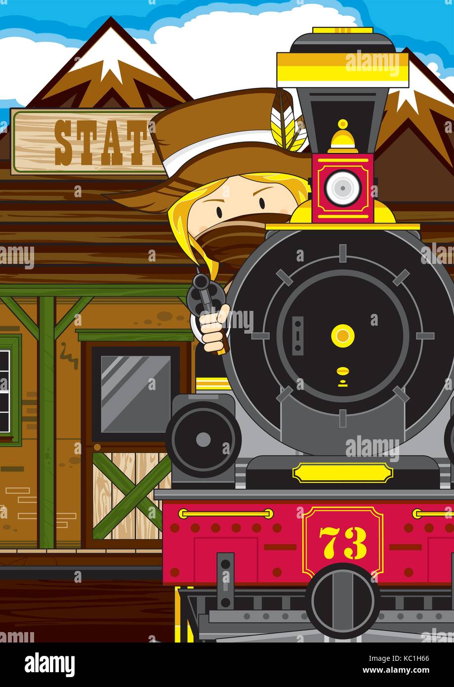 Cartoon Wild West Cowboy and Steam Train Stock Vector
