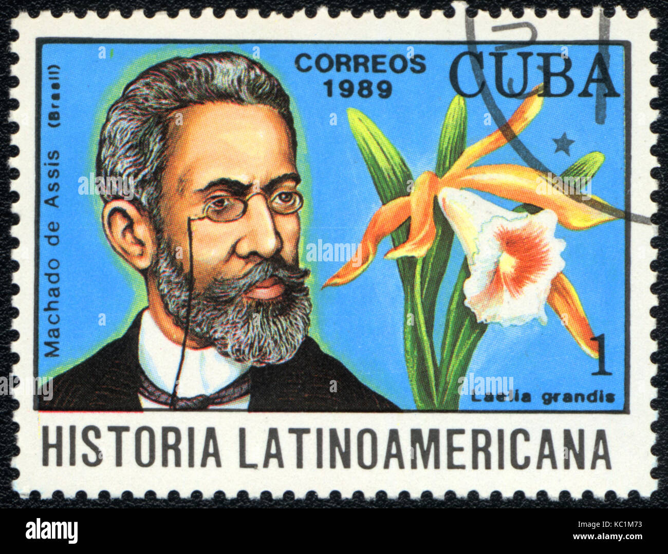 A postage stamp printed in CUBA  shows  a  Laelia grandis and Machado de Assis, series 'Historia Latinoamericana', circa 1989 Stock Photo