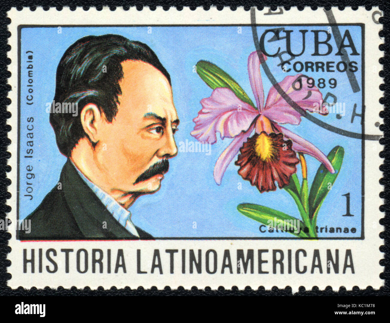 A postage stamp printed in CUBA  shows  a Cattleya trianae and Jorge Isaacs, series 'Historia Latinoamericana', circa 1989 Stock Photo
