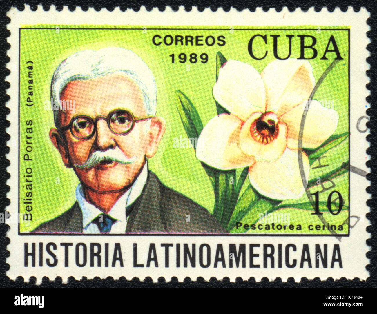 A postage stamp printed in CUBA  shows  a Pescatorea cerina and Belisario Porras, series 'Historia Latinoamericana', circa 1989 Stock Photo