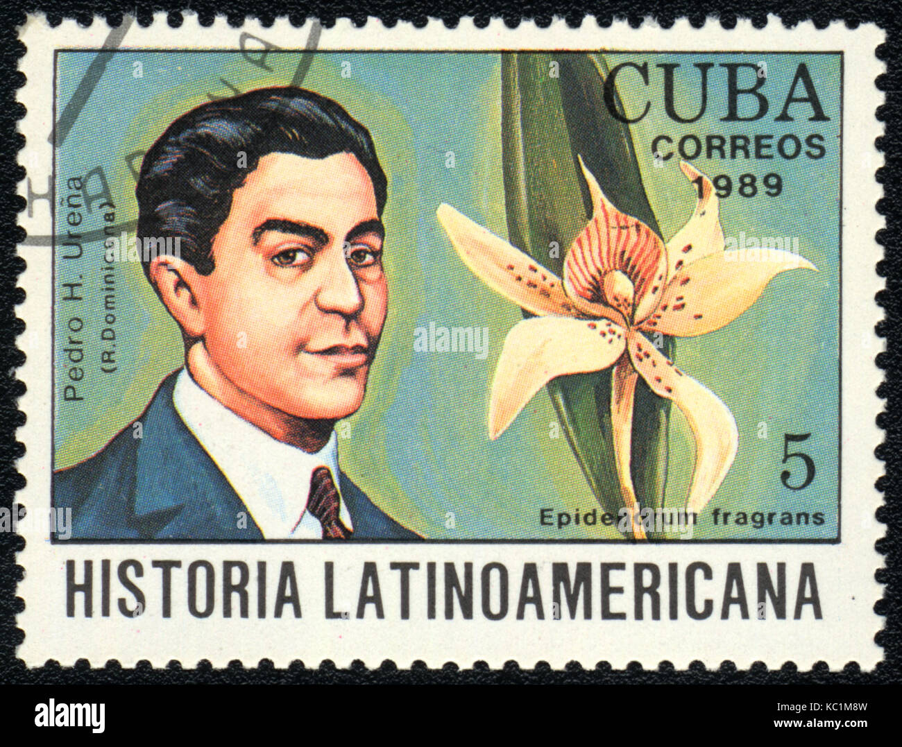 A postage stamp printed in CUBA  shows  a Epidendrum fragrans and Pedro Henríquez Ureña, series 'Historia Latinoamericana', circa 1989 Stock Photo