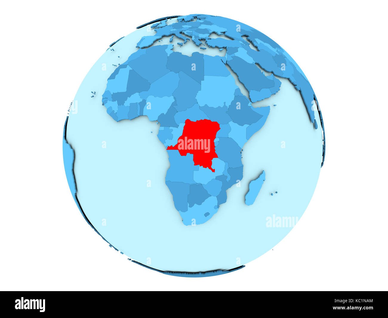 Democratic Republic of Congo highlighted in red on blue political globe ...