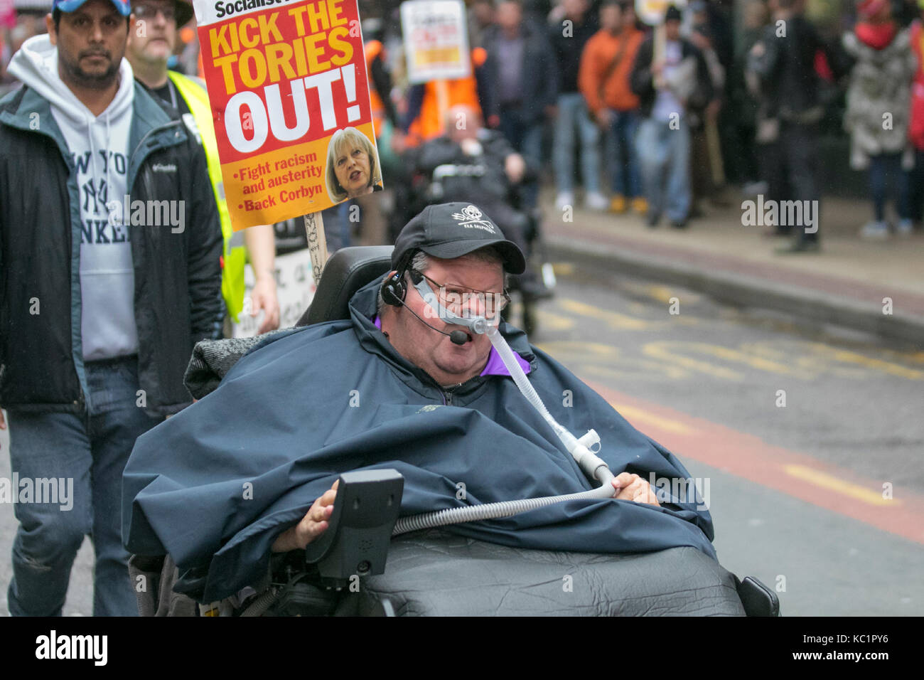 Manchester, UK. 1st October, 2017. Thousands of demonstrators bring the streets of Manchester to a standstill as protestors take part in a massive 'Tories Out' protest to end Austerity measures.  Anti-Brexit campaigners and activists protesting the government’s austerity policies are holding rallies to coincide with the start of the Conservative Party conference being held in the city centre. 100's of Police from outlying areas have been drafted in to the monitor the event with large areas of the city being subject to a cordon with many roads closed. Credit. MediaWorldImages/AlamyLiveNews Stock Photo