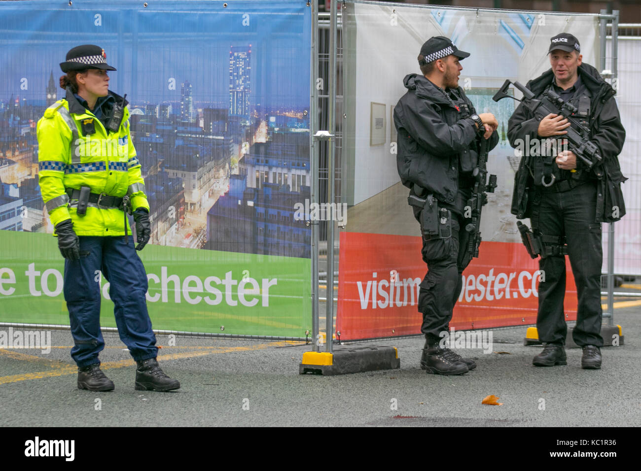 Manchester, UK. 1st October, 2017. Authorised firearms officer (AFO) is a British police officer  Weapons , police, gun, weapon, firearm, military, handgun,  pistol, security, crime, white, shot, danger, black uniforms, firearms and equipment of British Armed Police on duty at the Conservative Annual Conference, 2018. Stock Photo