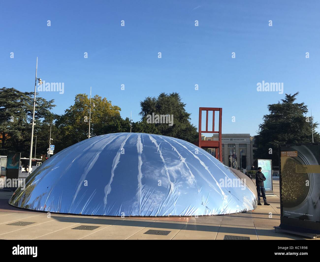 A tent in the shape of a large drop of mercury standing in front of the  Palace of the League of Nations in Geneva, Switzerland, 28 Septmeber 2017.  The tent serves the