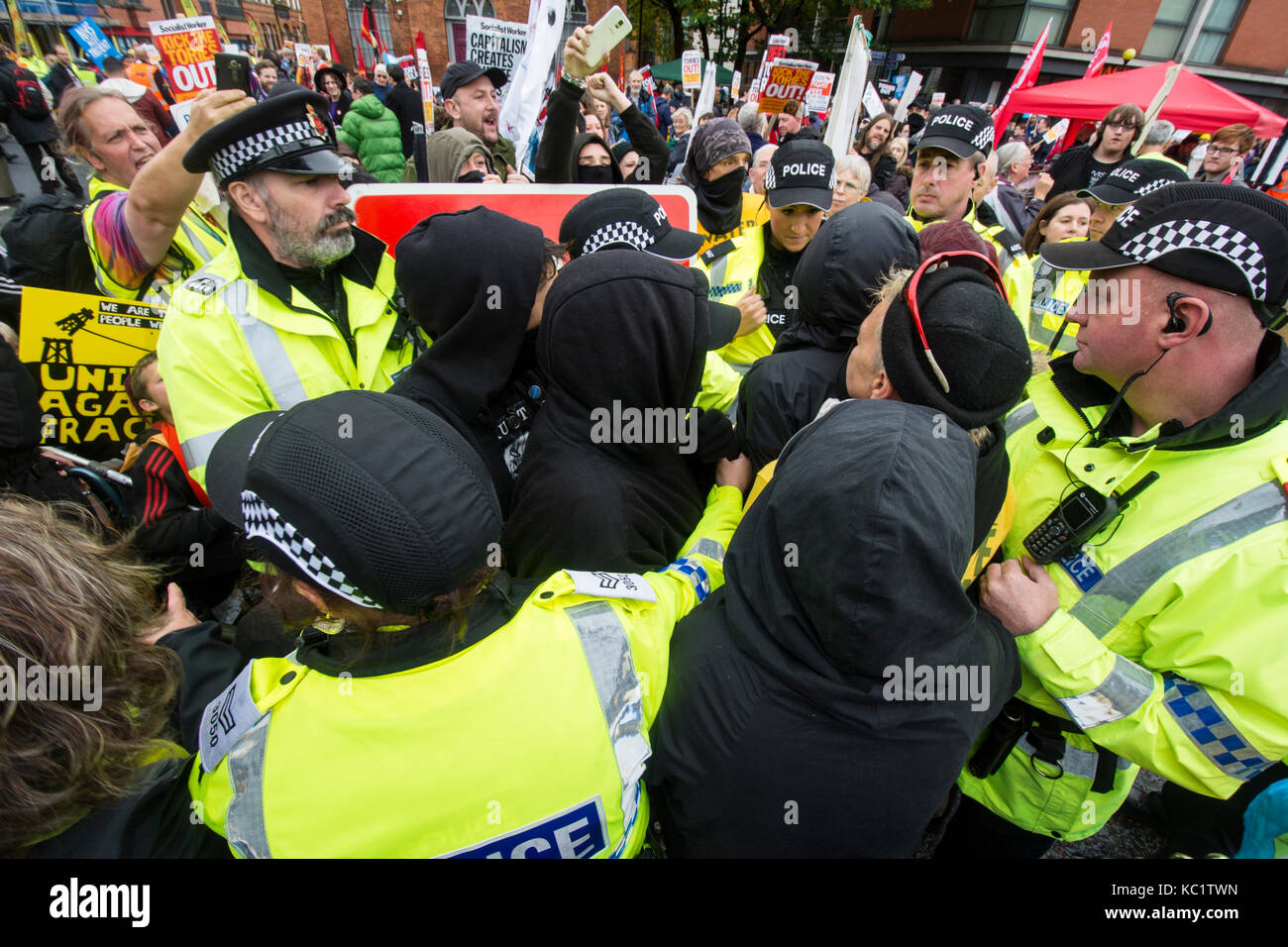 Manchester UK; 1st. October 2017: Campaigners and campaign groups came from around the country to protests against the Conservative Party at the start of their 2017 Conference in Manchester Central Convention Complex. Credit: Dave Ellison/Alamy Live News Stock Photo