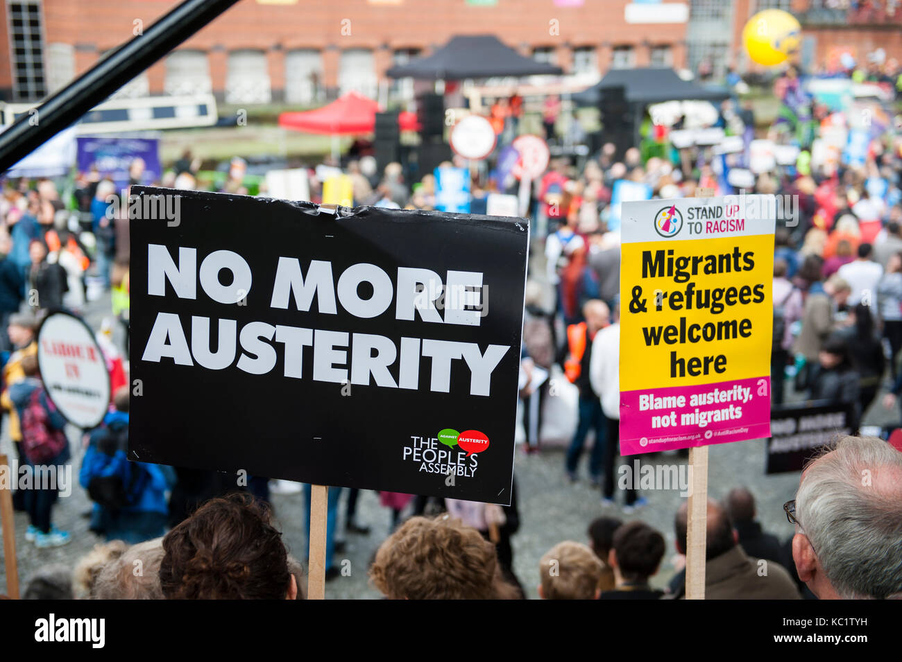 Manchester UK; 1st. October 2017: Campaigners and campaign groups came from around the country to protests against the Conservative Party at the start of their 2017 Conference in Manchester Central Convention Complex. Credit: Dave Ellison/Alamy Live News Stock Photo