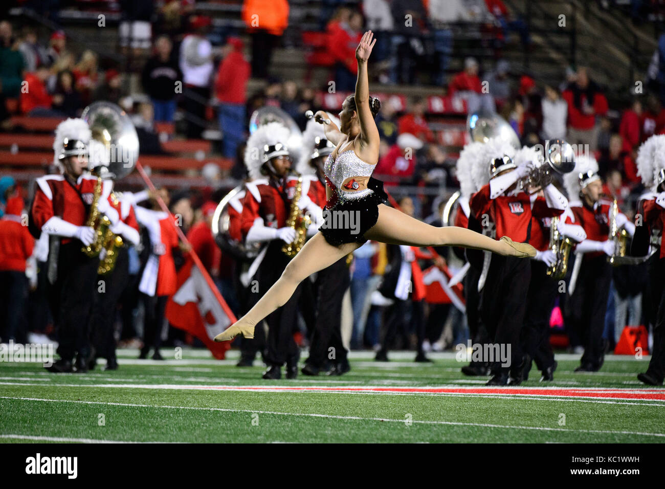 Piscataway, NJ, USA. 30th Sep, 2017. The baton twirler leaps across the