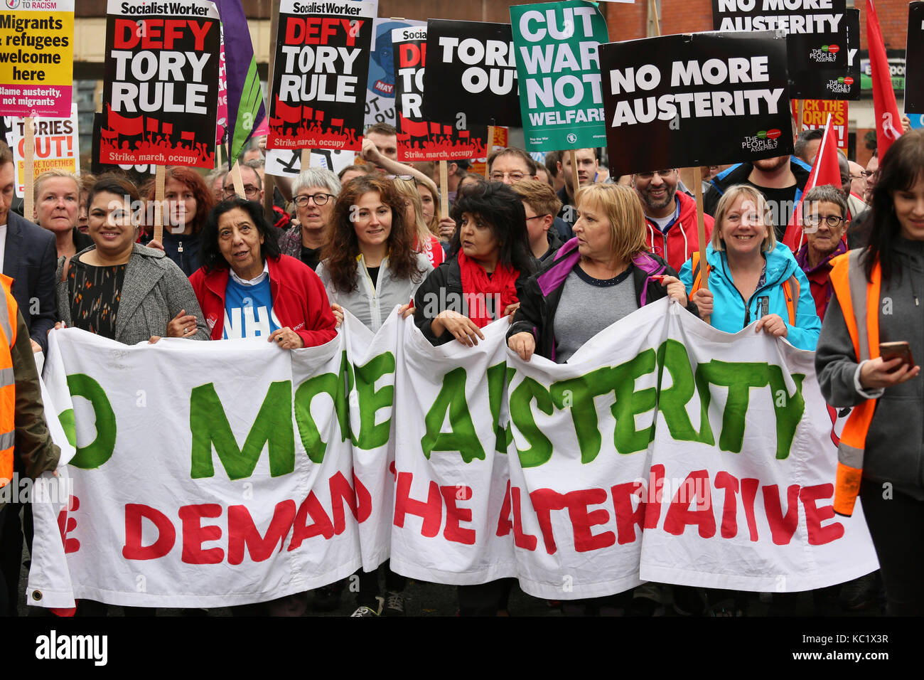 Manchester, UK. 1st October, 2017. No more austerity and anti Tory protesters march through the city during the Conservative party Conference in Manchester,1st October, 2017 (C)Barbara Cook/Alamy Live News Credit: Barbara Cook/Alamy Live News Stock Photo