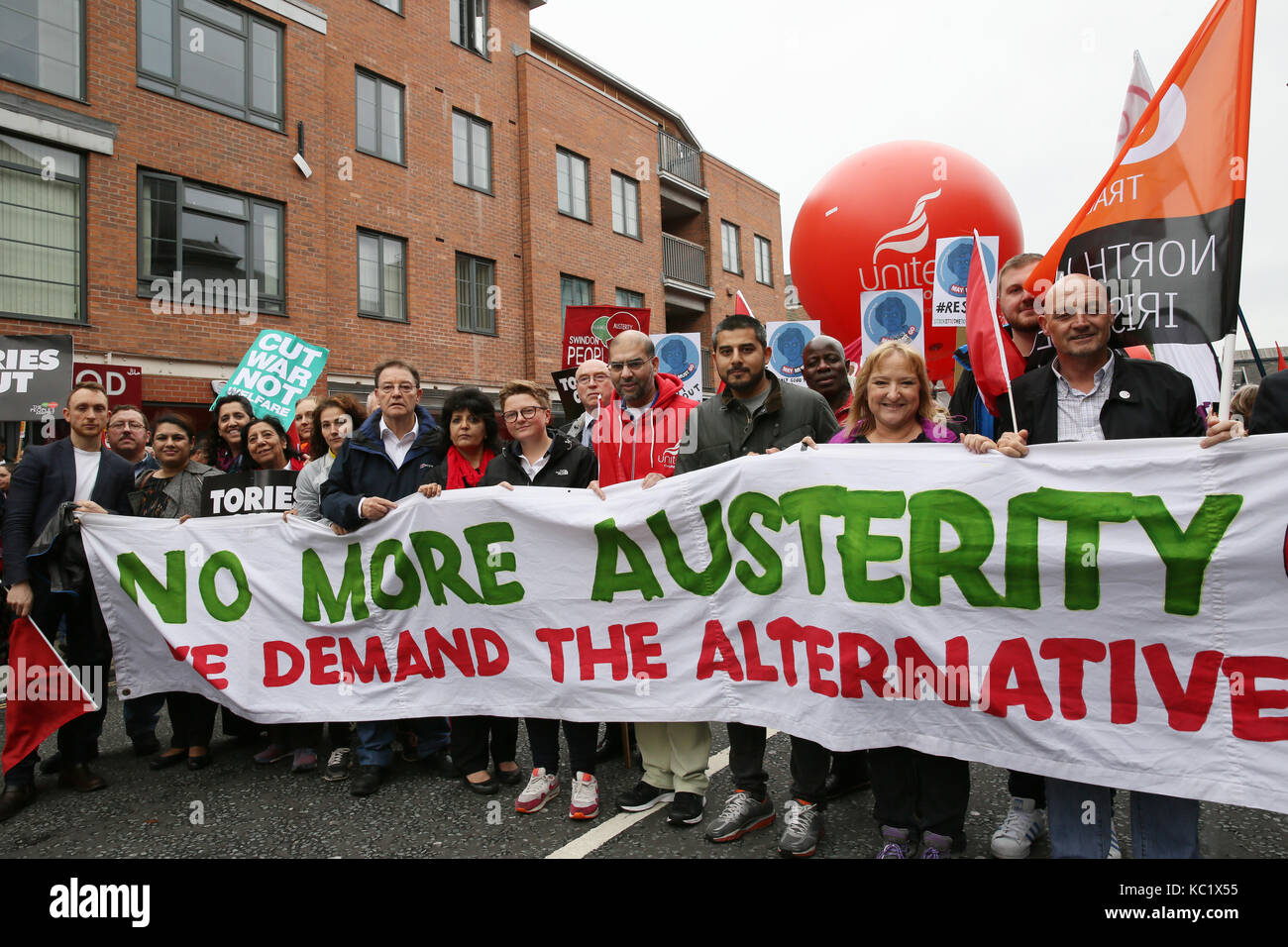 Manchester, UK. 1st October, 2017. 'No more Austerity We demand the Alternative' banner at the front of the anti austerity protest in Manchester,1st October, 2017 (C)Barbara Cook/Alamy Live News Credit: Barbara Cook/Alamy Live News Stock Photo