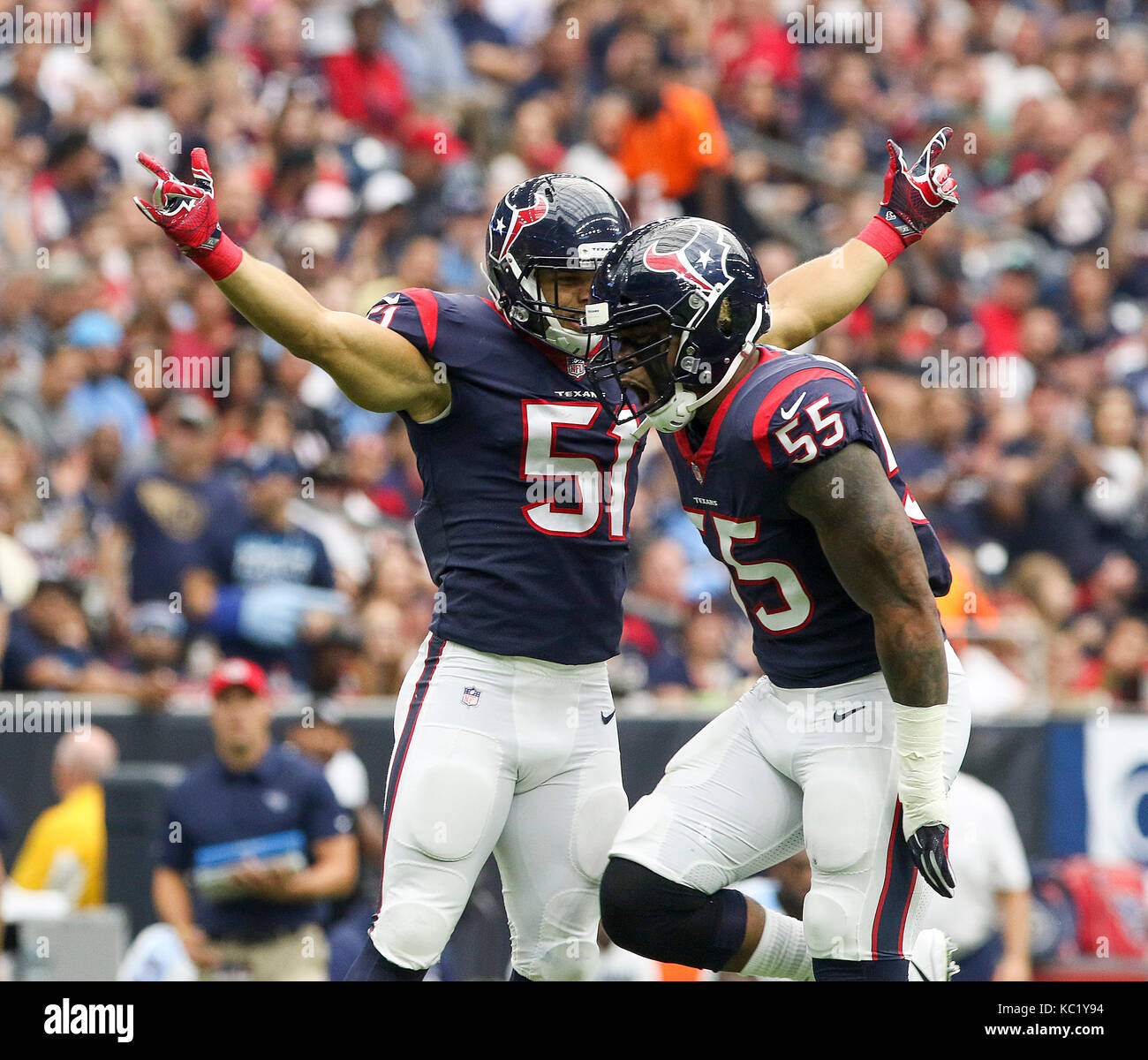 Houston, TX, USA. 1st Oct, 2017. Houston Texans inside linebacker Benardrick McKinney (55) and linebacker Dylan Cole (51) celebrate after a McKinney tackle for loss in the first quarter during the NFL game between the Tennessee Titans and the Houston Texans at NRG Stadium in Houston, TX. John Glaser/CSM/Alamy Live News Stock Photo