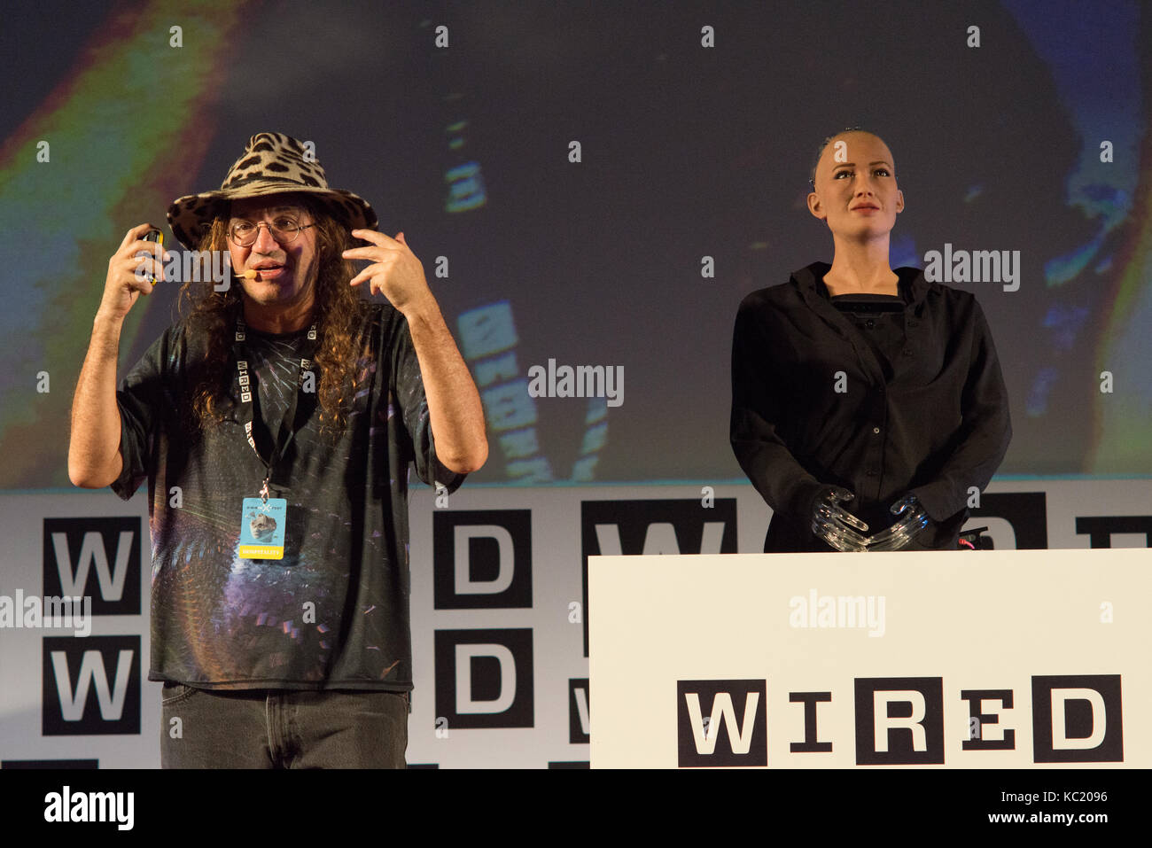 Florence, Italy. 1st October, 2017. Wired Next Fest in Florence, Italy. For the first time, the protagonist of a Wired Next Fest meeting will be an Android, Sophia, now a robot citizen. Wired and Ben Goertzel, SingularityNET CEO, will interview the humanoid robot: With a female face that resembles the image of Audrey Hepburn, Sophia is able to speak naturally with facial expressions that follow her speeches. Credit: Mario Carovani/Alamy Live News Stock Photo