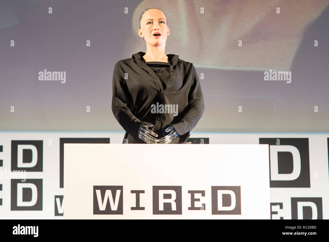 Florence, Italy. 1st October, 2017. Wired Next Fest in Florence, Italy. For the first time, the protagonist of a Wired Next Fest meeting will be an Android, Sophia, now a robot citizen. Wired and Ben Goertzel, SingularityNET CEO, will interview the humanoid robot: With a female face that resembles the image of Audrey Hepburn, Sophia is able to speak naturally with facial expressions that follow her speeches. Credit: Mario Carovani/Alamy Live News Stock Photo