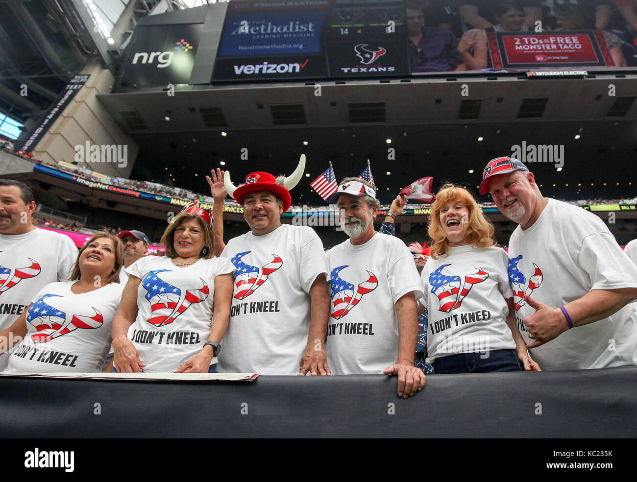 Houston, TX, USA. 1st Oct, 2017. Houston Texans fans show their support from recent national anthem protests during the NFL game between the Tennessee Titans and the Houston Texans at NRG Stadium in Houston, TX. John Glaser/CSM/Alamy Live News Stock Photo