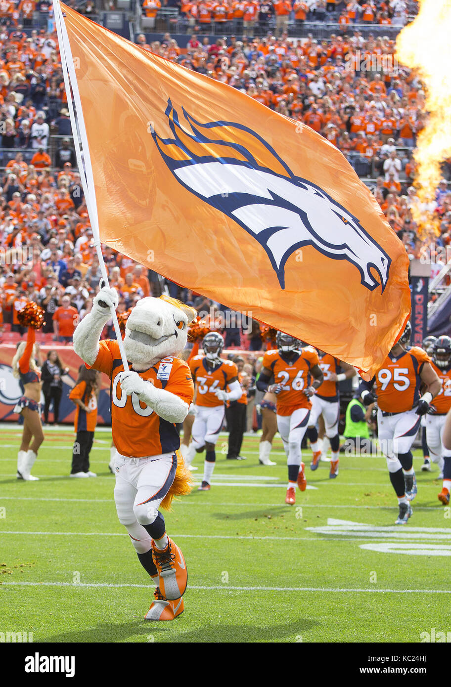Denver, Colorado, USA. 1st Oct, 2017. Broncos Mascot Miles leads the Broncos team out during the start of the 1st. Half at Sports Authority Field at Mile High Sunday afternoon. Broncos beat the Raiders 16-10. Credit: Hector Acevedo/ZUMA Wire/Alamy Live News Stock Photo