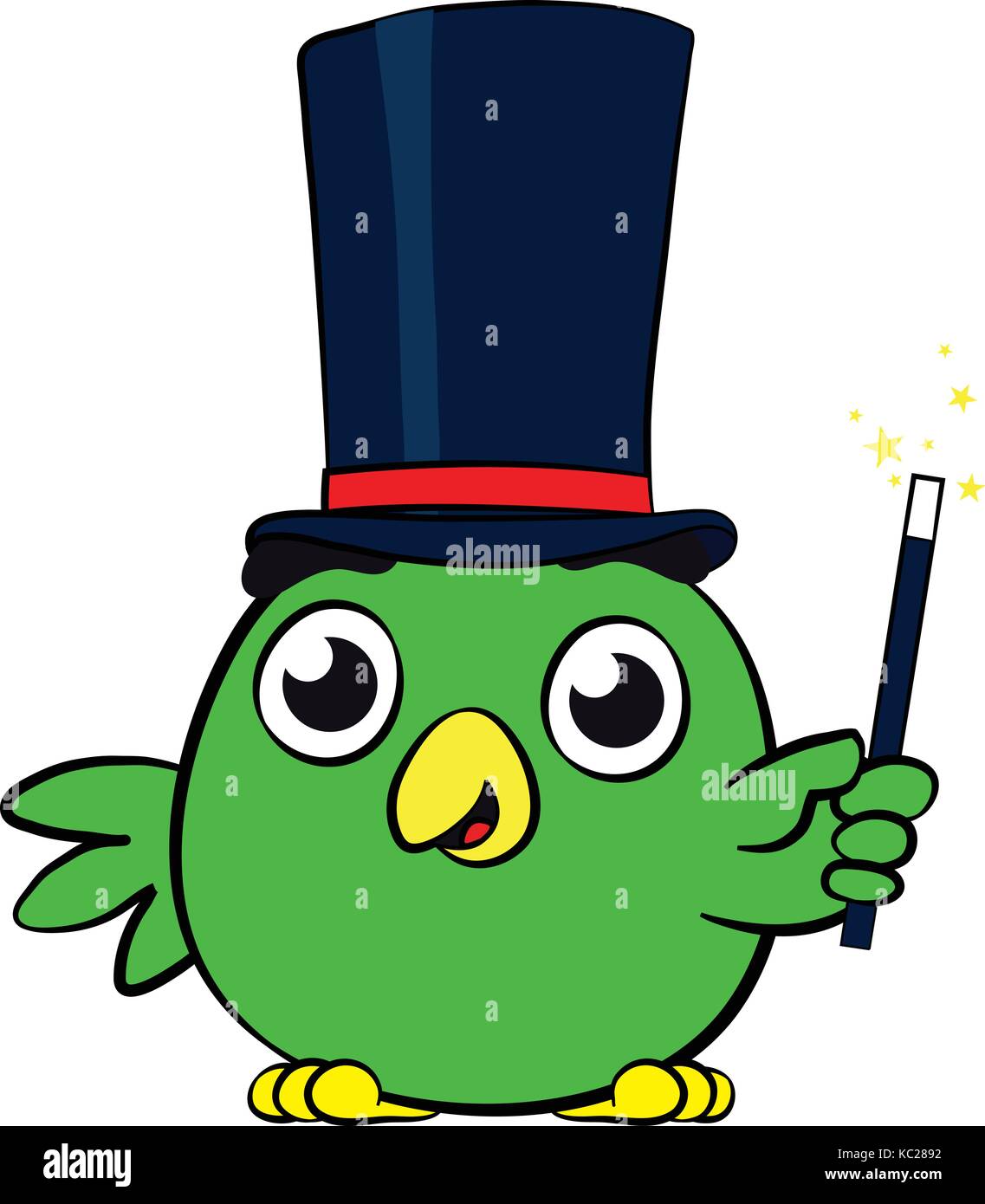 Adorable little green bird magician cartoon character waving its magic wand as its casts spells, creates illusion and performs tricks, vectorcartoon Stock Vector
