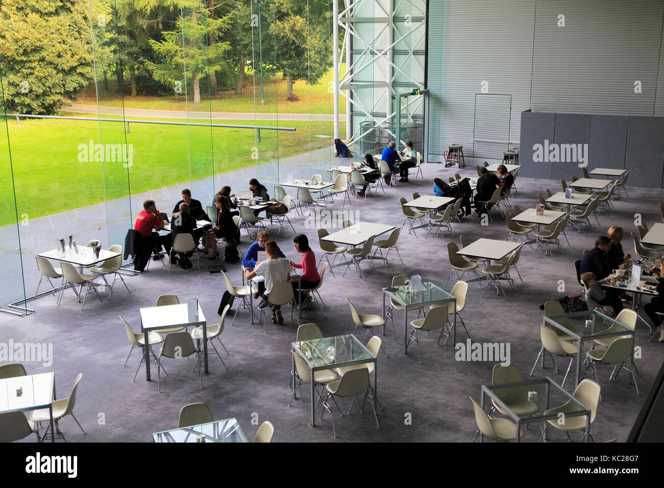 Cafe space area in Sainsbury Centre for Visual Arts, Norwich, Norfolk, England, UK designed by Norman Foster Stock Photo