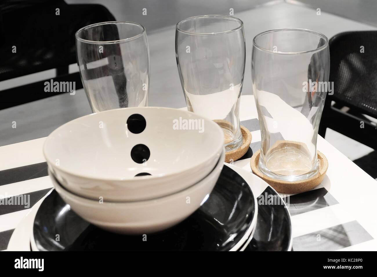 Kitchen Utensil, Set of Porcelain Plates with Bowls and Glass Preparing