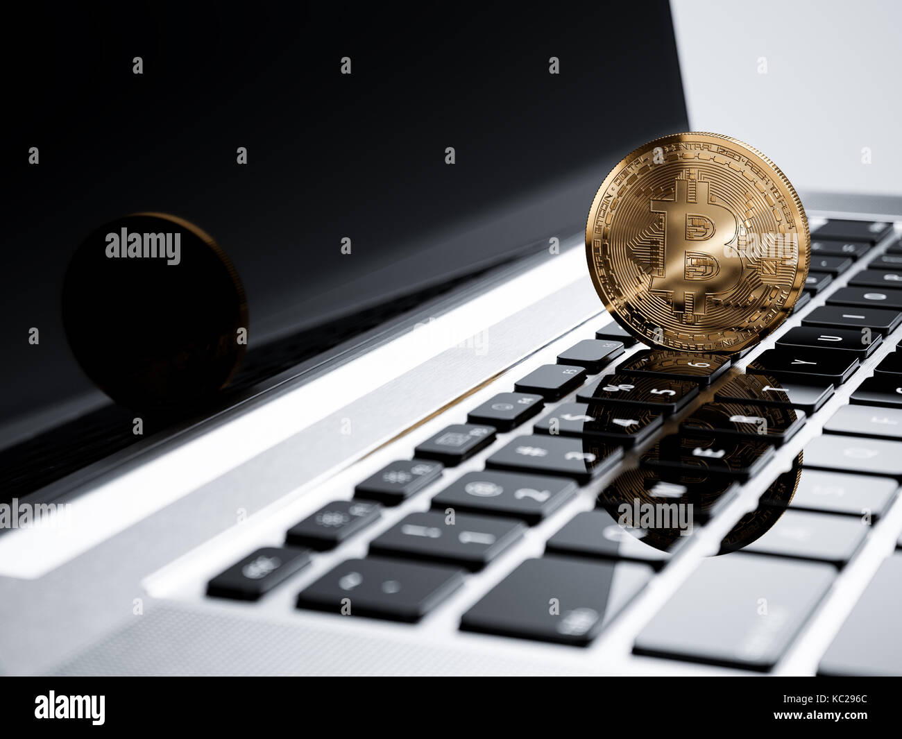 Bitcoin Golden Coin On Computer Laptop Keyboard Button Stock Photo - 