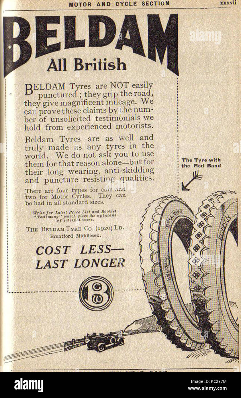 1922 -An advertisement  from the Daily Mail Year Book 1922 (UK) for Beldam rubber tyres for cars and motor cycles Stock Photo