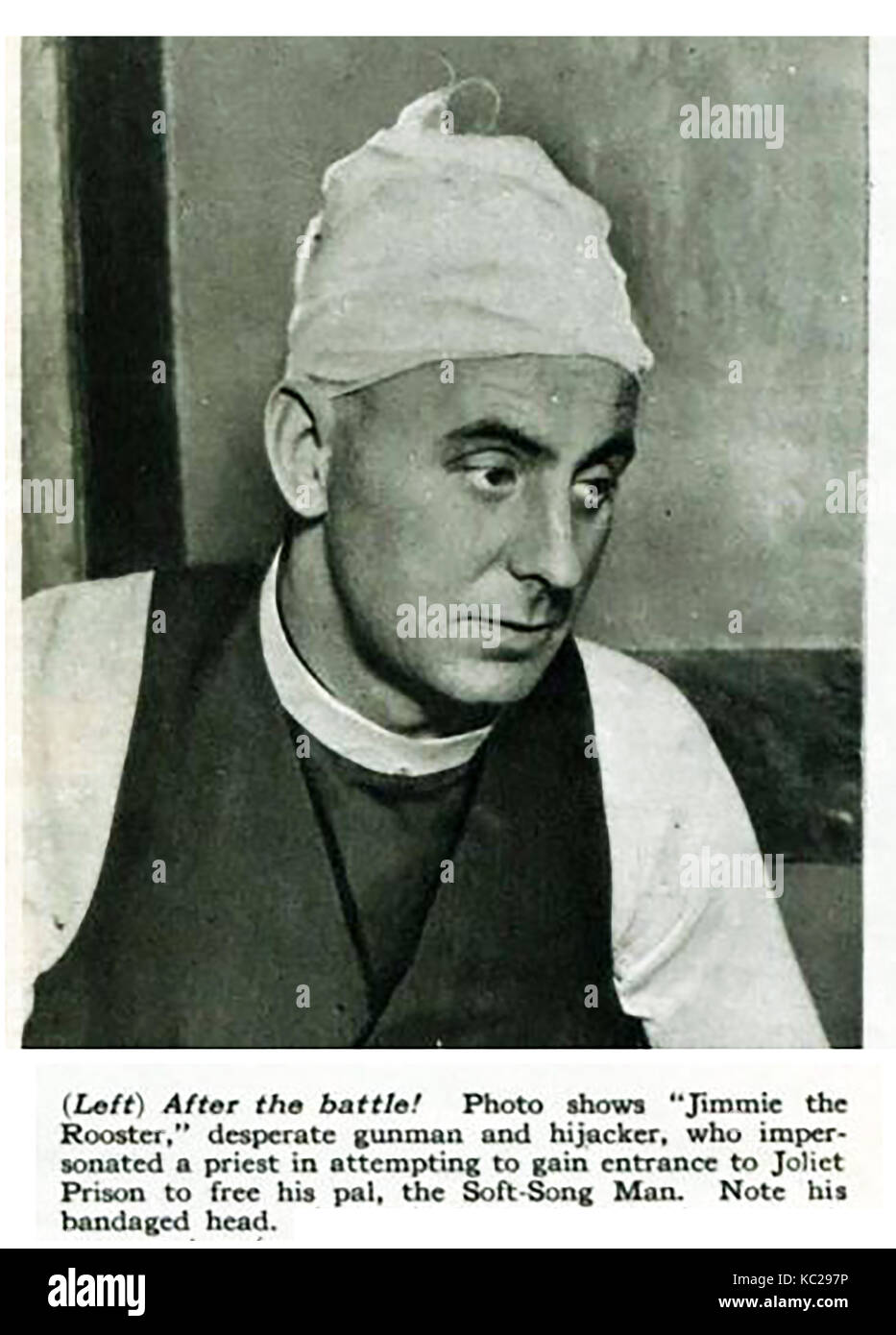 A portrait of US master criminal 'Jimmy (or Jimmie) the Rooster'  (Willaim Evans)after being captured when trying to enter Joliet prison dressed as a clergyman in an attempt to rescue another gangster the  'Soft Song Man' Stock Photo