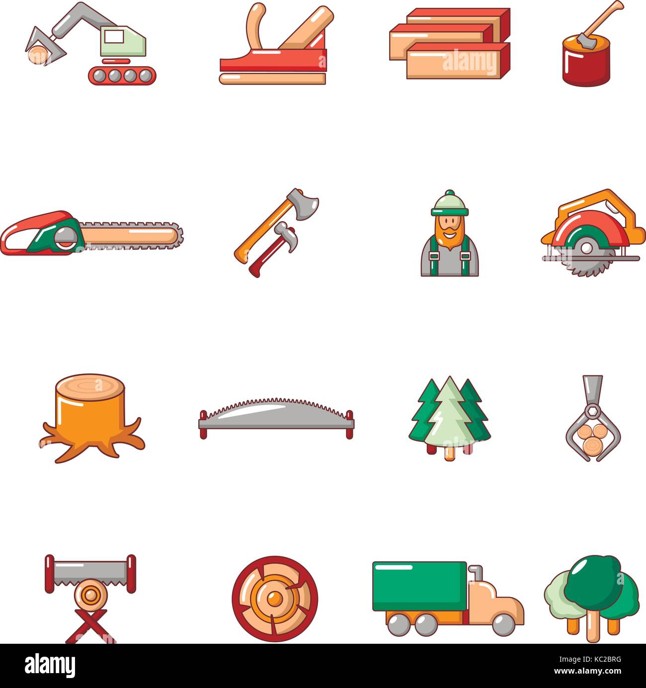 Timber industry icons set, cartoon style Stock Vector