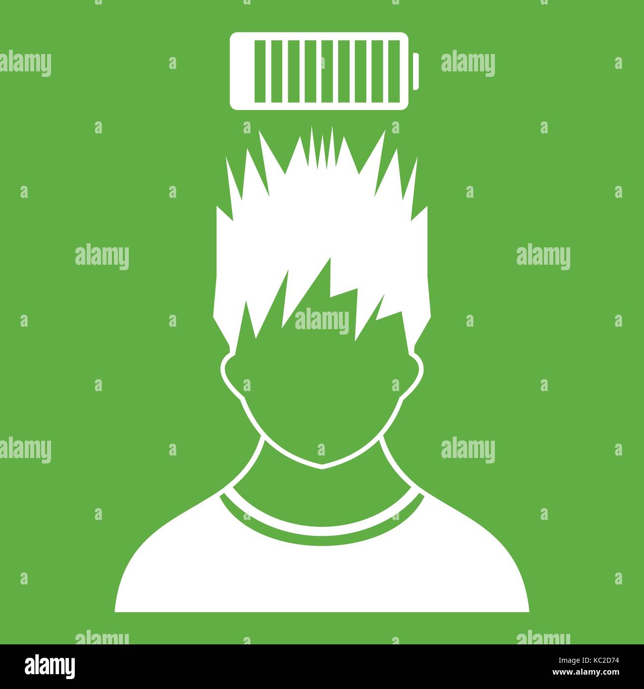 Man with low battery over head icon green Stock Vector