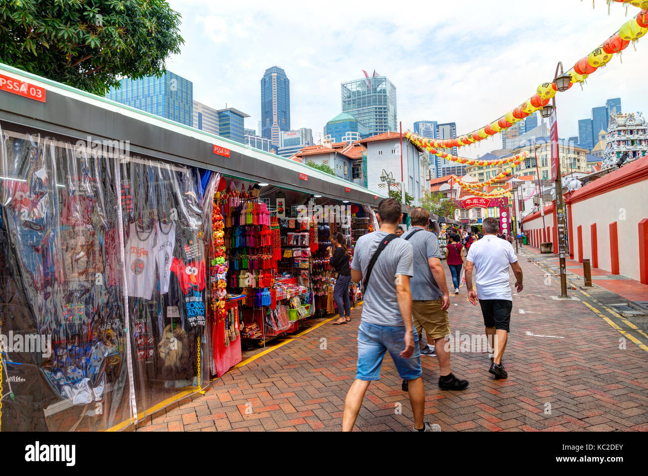 SINGAPORE - SEPTEMBER 11, 2017: Shoppers visiting Chinatown for bargain souvenirs and authentic local food. The old Victorian-style shophouses are a t Stock Photo