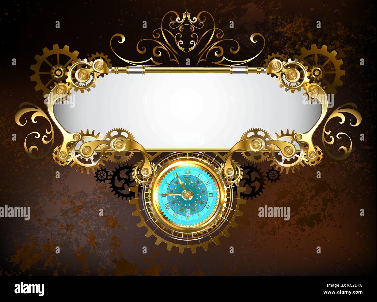 Mechanical banner with an antique clock, decorated with gold and brass gears on a brown rusty background. Steampunk style. Stock Vector