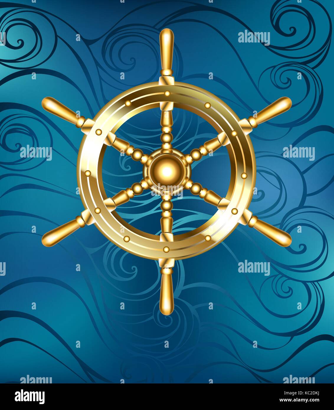 Gold jewelry, shiny steering ship wheel on a sea blue background.  Golden ship wheel. Stock Vector