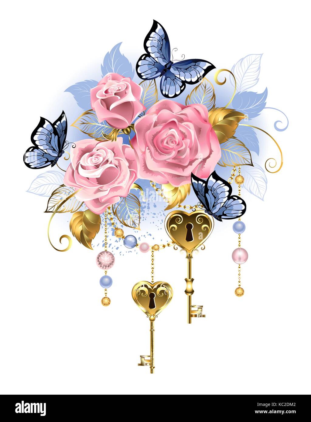 Antique golden keys with pink roses, golden leaves and blue butterflies on a white background. Design with roses. Pink rose. Trendy colors. Rose Quart Stock Vector