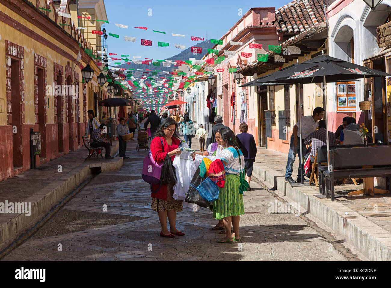 December 17, 2014 San Cristobal de las Casas, Mexico: indigenous mayan women selling artisan products to tourists in the main area of the historic cen Stock Photo