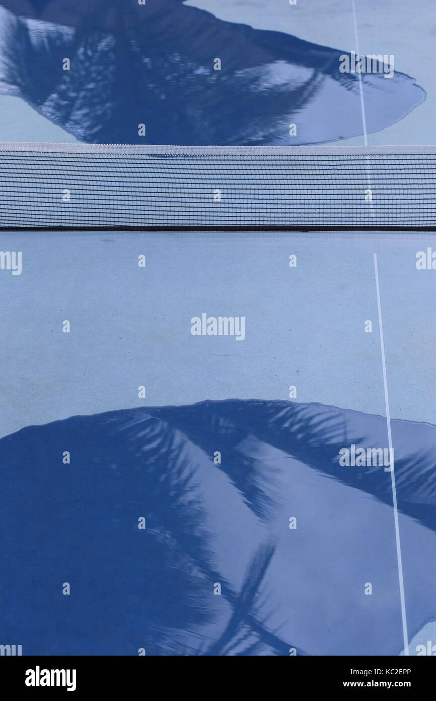 Abstract of a wet blue outdoor table tennis table with large puddles of water on the playing surface in portrait format with copy space Stock Photo