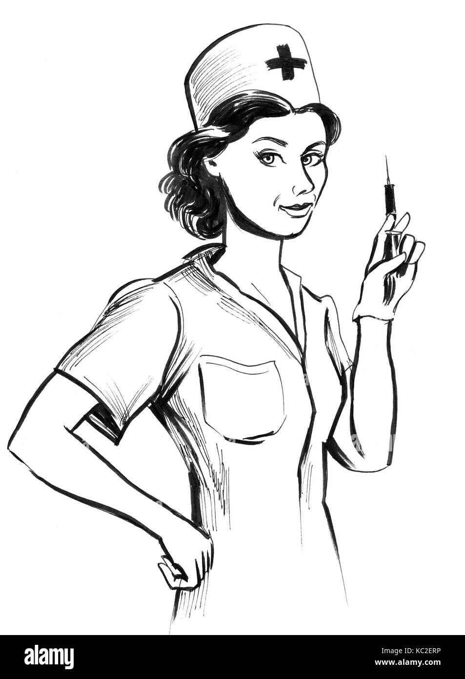 Illustration of line drawing a beautiful young surgeon or medical nurse  posing wearing uniform scrubs with folded arms or crossed and a  stethoscope A portrait of a female doctor with a phonendoscope