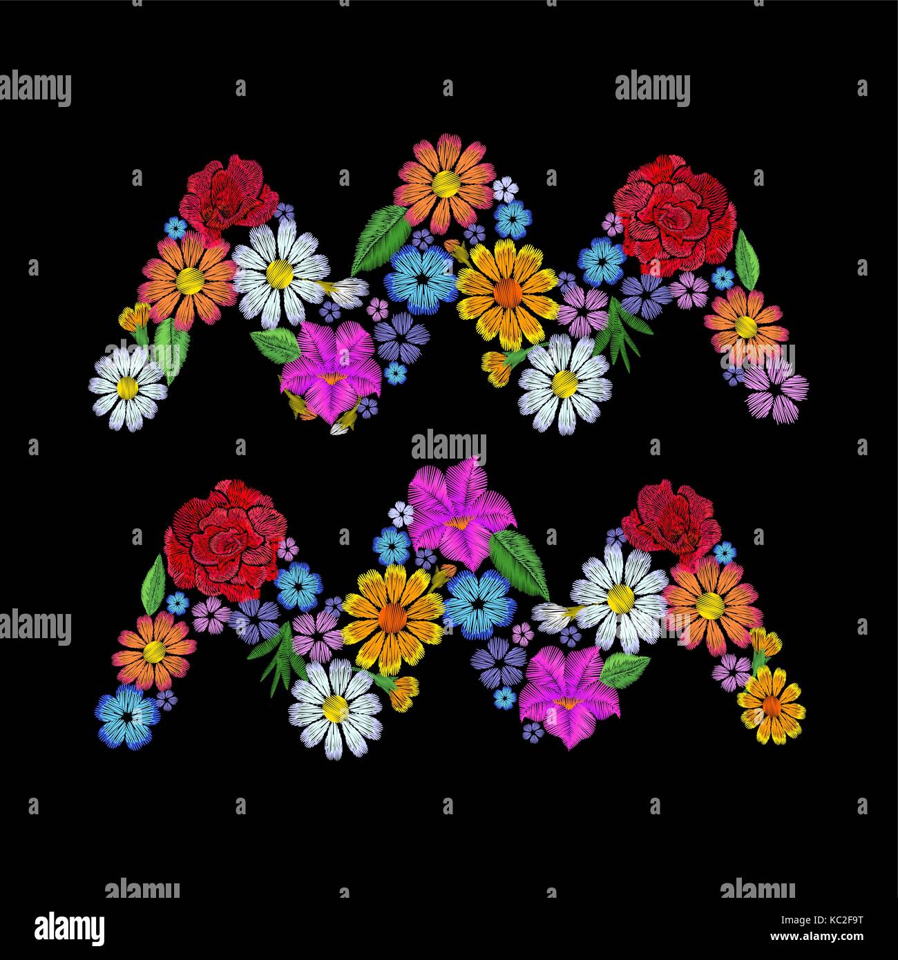 Aquarius zodiac sign flower arrangement. Horoscope astrology fashion floral embroidery patch design template. Texture stitch effect. Textile print on  Stock Vector